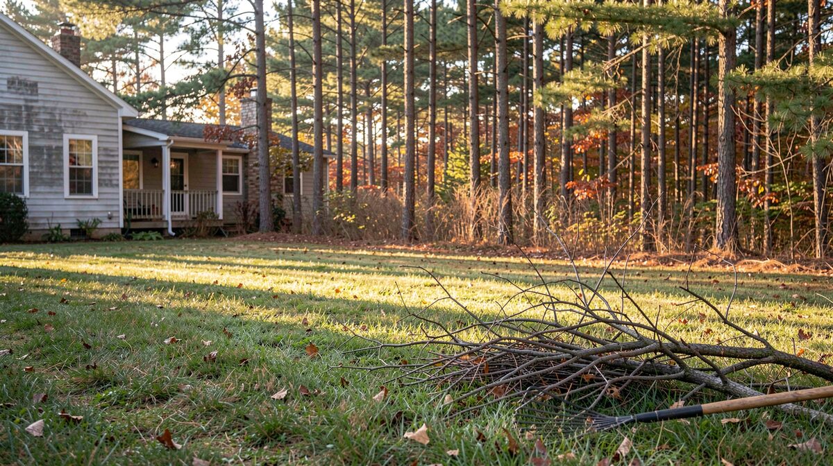 A rural house at the edge of a pine stand in October, low morning light raking across a mowed strip of grass, a rake and a pile of cut limbs in the foreground, the lowest tree branches pruned well above the brush line.