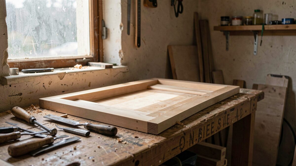 A woodworker's bench in a small shop, morning light through a dusty window, chisels and a half-built cabinet door in frame.