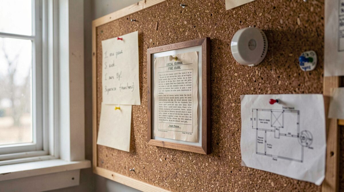 A small framed page of a local fire journal pinned to a workshop corkboard beside a smoke alarm and a folded escape-plan sketch, morning light from a north window, close horizontal crop.